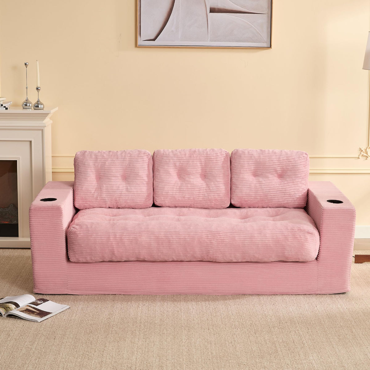 3 Seater Sofa,Space-Saving Boneless Sofa in a Box with Cushions & Cup Holders, Corduroy Floor Sofa with Backrest, No Assembly Required, for Small Spaces & Teens (Sand Beige, 190 CM)