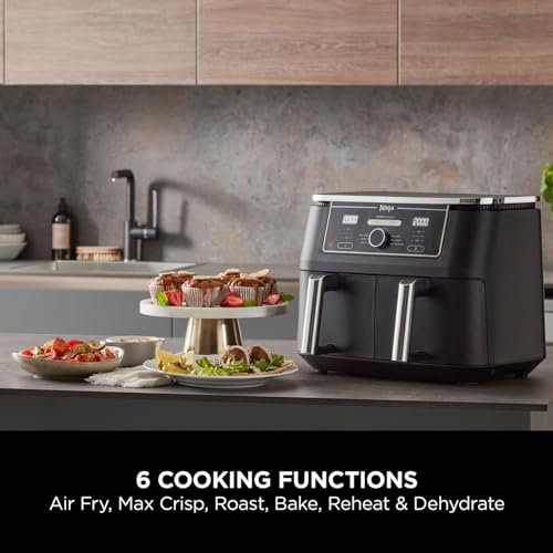 Ninja Foodi MAX Dual Zone Digital Air Fryer, 2 Drawers, 9.5L, 6-in-1, Uses No Oil, Max Crisp, Roast, Bake, Reheat, Dehydrate, Cook 8 Portions, Non-Stick Dishwasher Safe Baskets, Black AF400UK