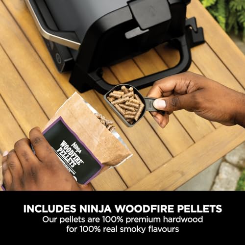Ninja Woodfire Electric BBQ Grill & Smoker, 7-in-1 Outdoor Grill & Air Fryer, Roast, Bake, Dehydrate, Uses Woodfire Pellets, Weather Resistant, Non-Stick, Portable, Electric, Grey/Black, OG701UK