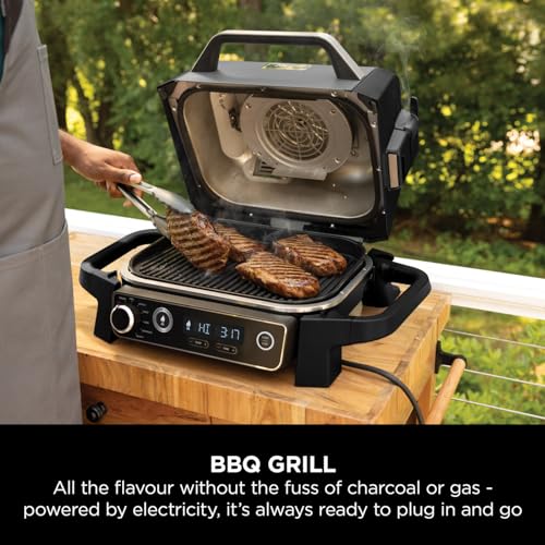 Ninja Woodfire Electric BBQ Grill & Smoker, 7-in-1 Outdoor Grill & Air Fryer, Roast, Bake, Dehydrate, Uses Woodfire Pellets, Weather Resistant, Non-Stick, Portable, Electric, Grey/Black, OG701UK