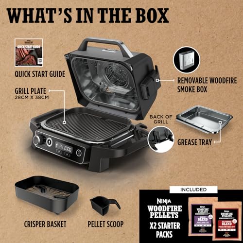 Ninja Woodfire Electric BBQ Grill & Smoker, 7-in-1 Outdoor Grill & Air Fryer, Roast, Bake, Dehydrate, Uses Woodfire Pellets, Weather Resistant, Non-Stick, Portable, Electric, Grey/Black, OG701UK