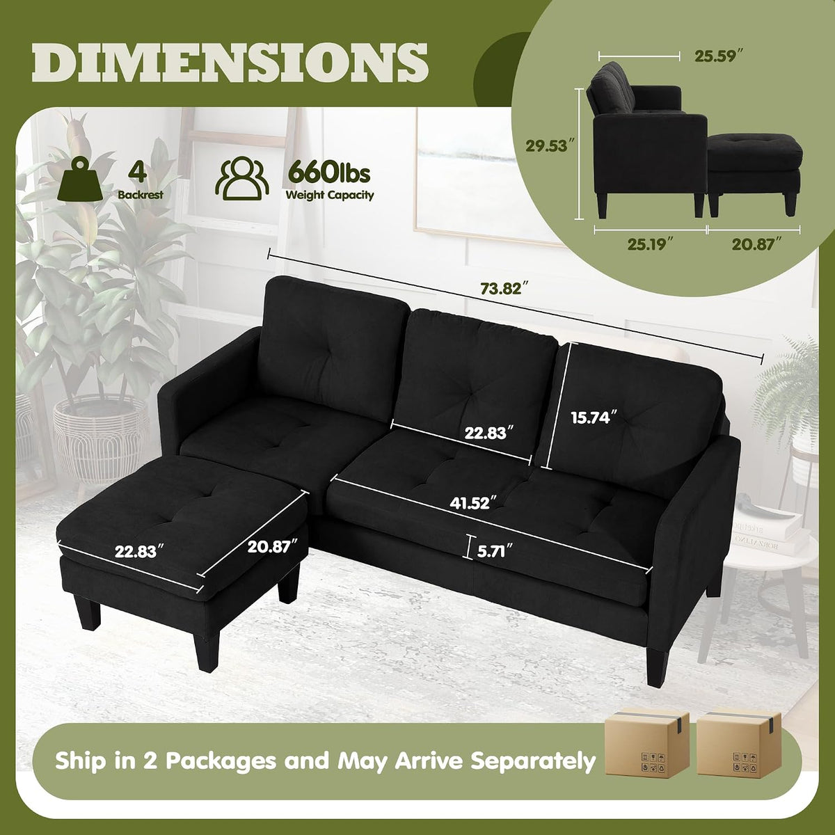 L Shaped Convertible Sectional Sleeper Sofa with Ottoman Chaise