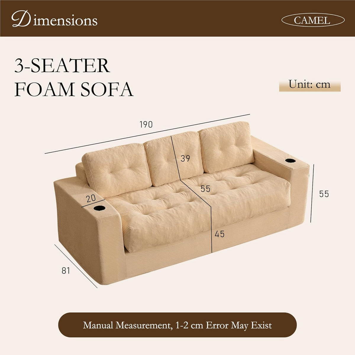 3 Seater Sofa,Space-Saving Boneless Sofa in a Box with Cushions & Cup Holders, Corduroy Floor Sofa with Backrest, No Assembly Required, for Small Spaces & Teens (Sand Beige, 190 CM)