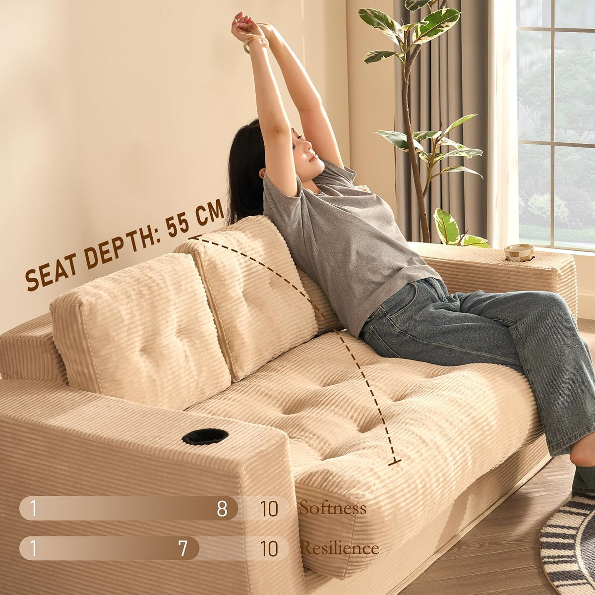 3 Seater Sofa,Space-Saving Boneless Sofa in a Box with Cushions & Cup Holders, Corduroy Floor Sofa with Backrest, No Assembly Required, for Small Spaces & Teens (Sand Beige, 190 CM)