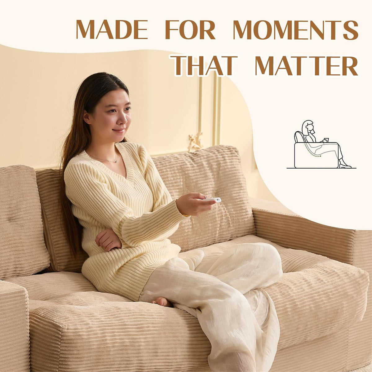 3 Seater Sofa,Space-Saving Boneless Sofa in a Box with Cushions & Cup Holders, Corduroy Floor Sofa with Backrest, No Assembly Required, for Small Spaces & Teens (Sand Beige, 190 CM)