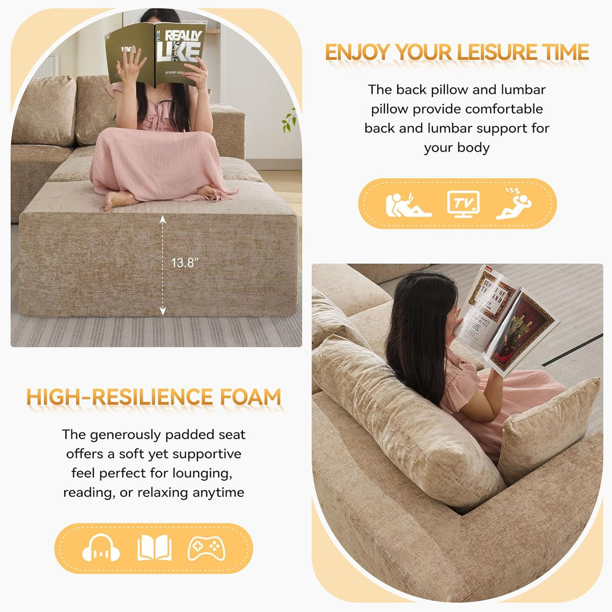 83'' Boneless Loveseat Sofa, Comfy Deep Seat Cloud Couch with 2 Moveable Ottoman, No Assembly Chenille Love Seat for Living Room, Camel