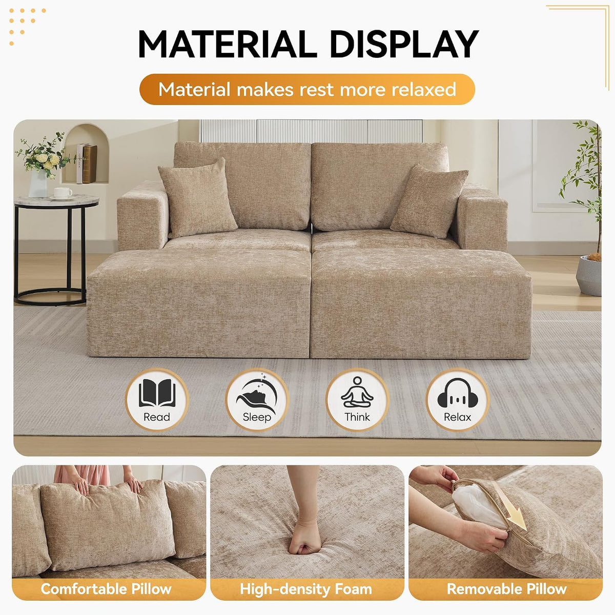 83'' Boneless Loveseat Sofa, Comfy Deep Seat Cloud Couch with 2 Moveable Ottoman, No Assembly Chenille Love Seat for Living Room, Camel