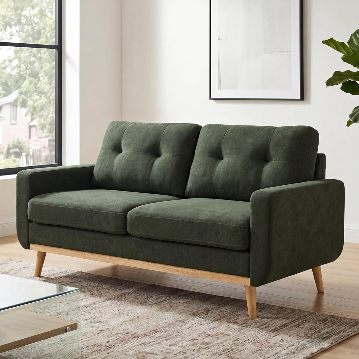 KEIKI 67.7" Tufted Loveseat Futon Sofa, Mid-Century Modern Cloud Couch Love Seat Sofas, Small Comfy Upholstered Deep Seating for Living Room Bedroom Office, Solid Wood Legs, Easy Assembly, Green