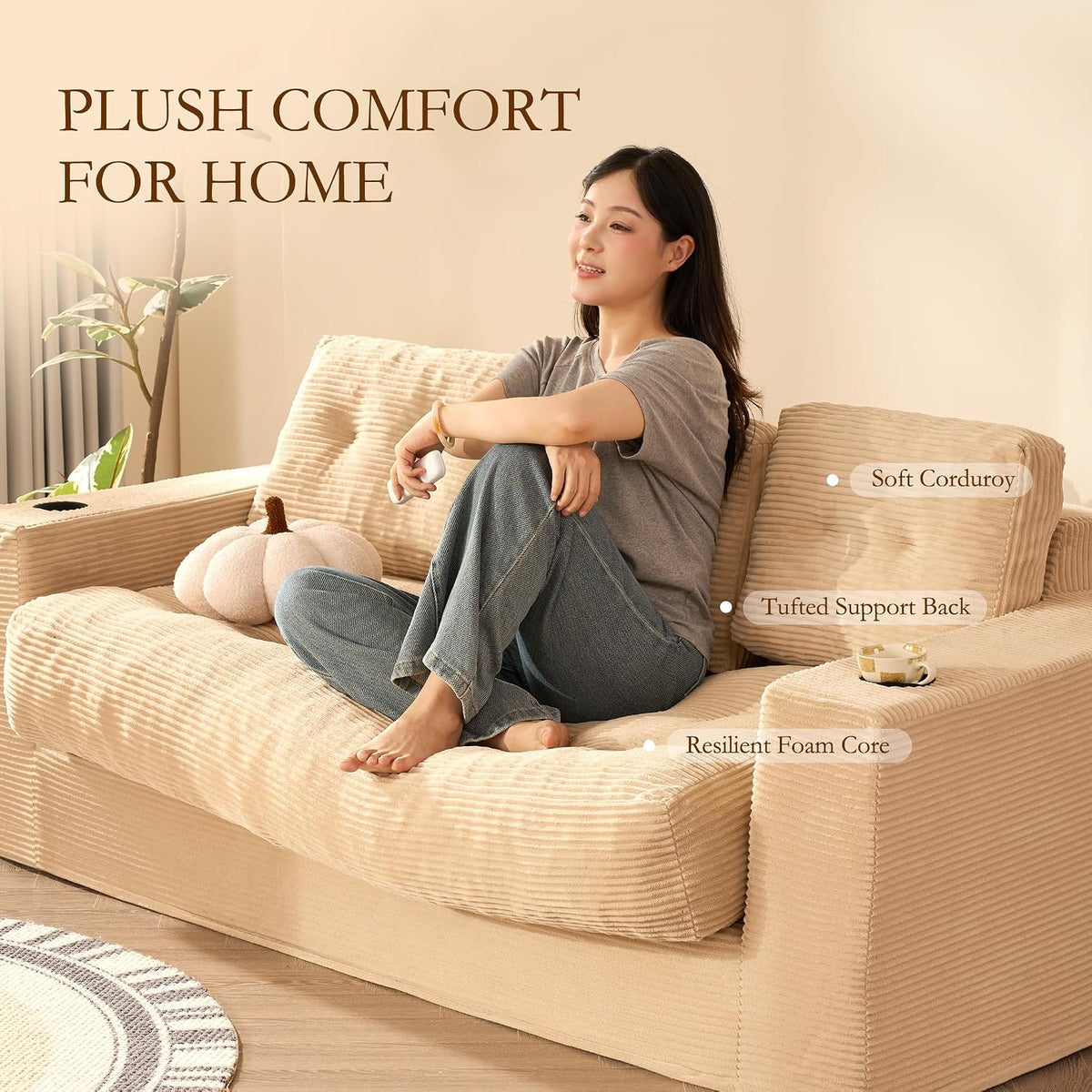 3 Seater Sofa,Space-Saving Boneless Sofa in a Box with Cushions & Cup Holders, Corduroy Floor Sofa with Backrest, No Assembly Required, for Small Spaces & Teens (Sand Beige, 190 CM)