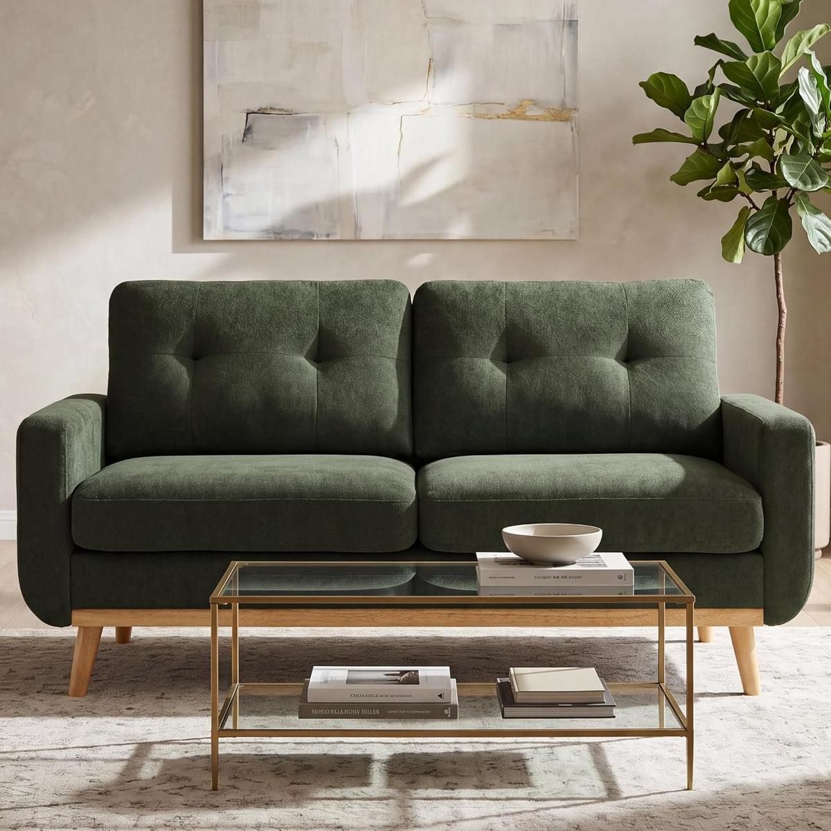 KEIKI 67.7" Tufted Loveseat Futon Sofa, Mid-Century Modern Cloud Couch Love Seat Sofas, Small Comfy Upholstered Deep Seating for Living Room Bedroom Office, Solid Wood Legs, Easy Assembly, Green