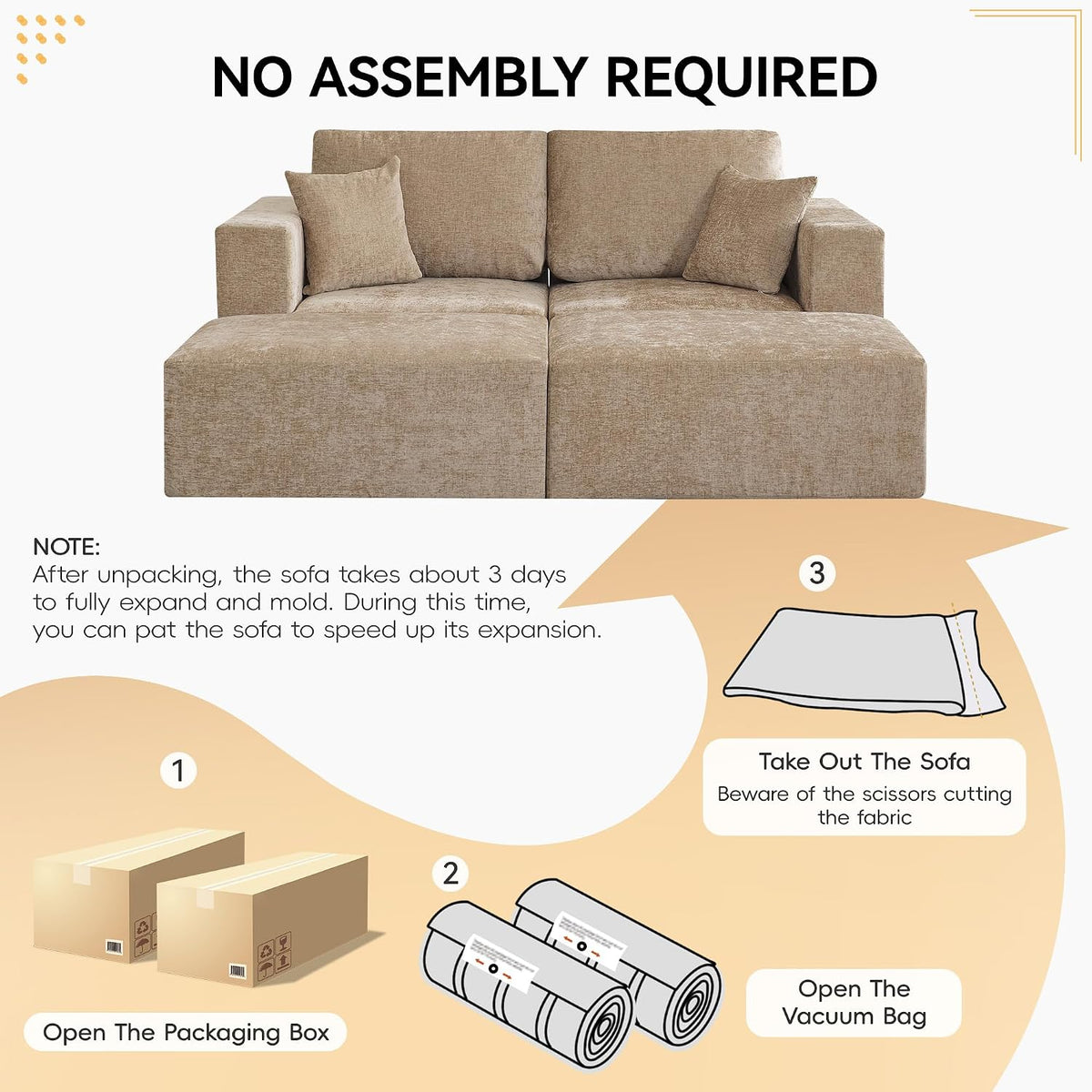 83'' Boneless Loveseat Sofa, Comfy Deep Seat Cloud Couch with 2 Moveable Ottoman, No Assembly Chenille Love Seat for Living Room, Camel