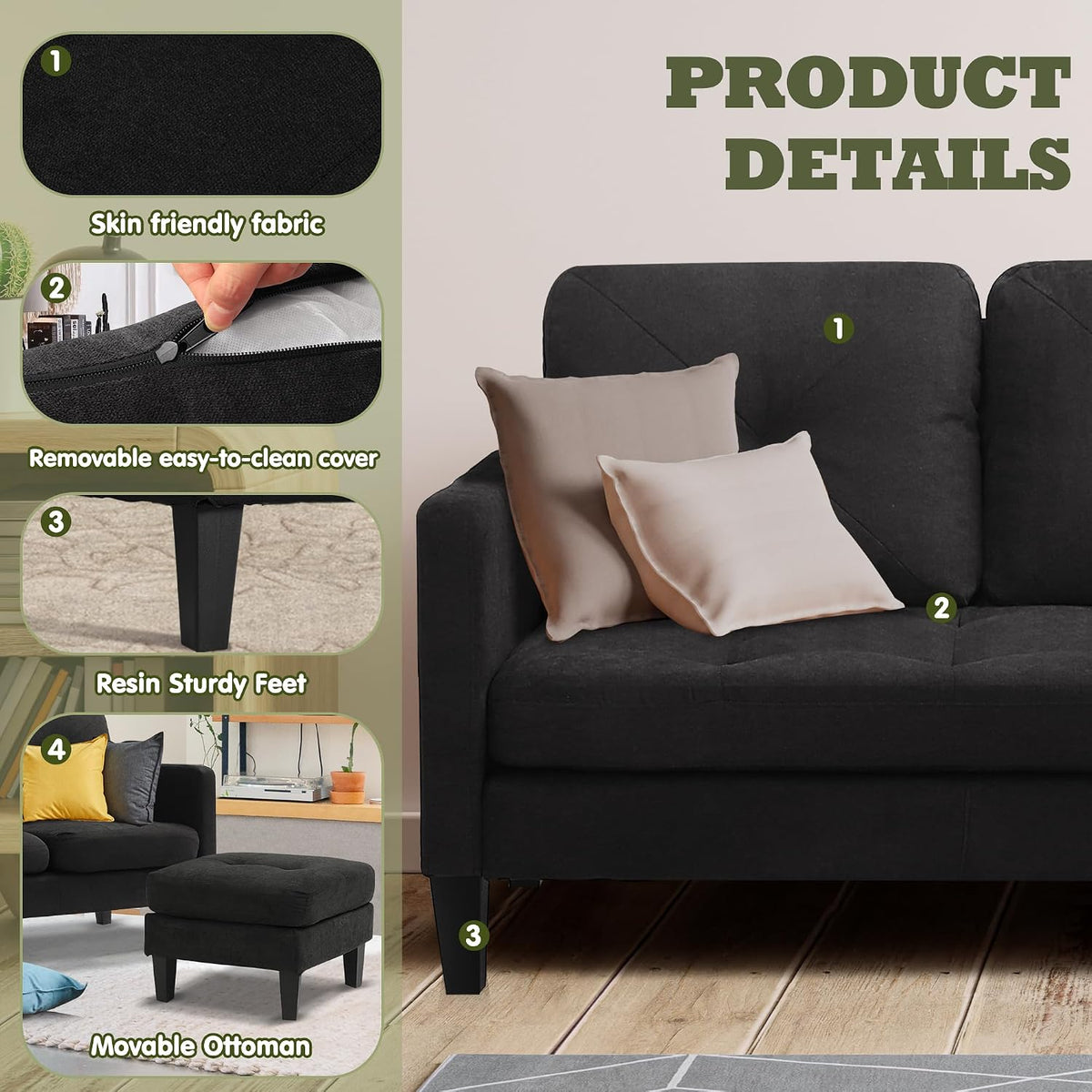 L Shaped Convertible Sectional Sleeper Sofa with Ottoman Chaise