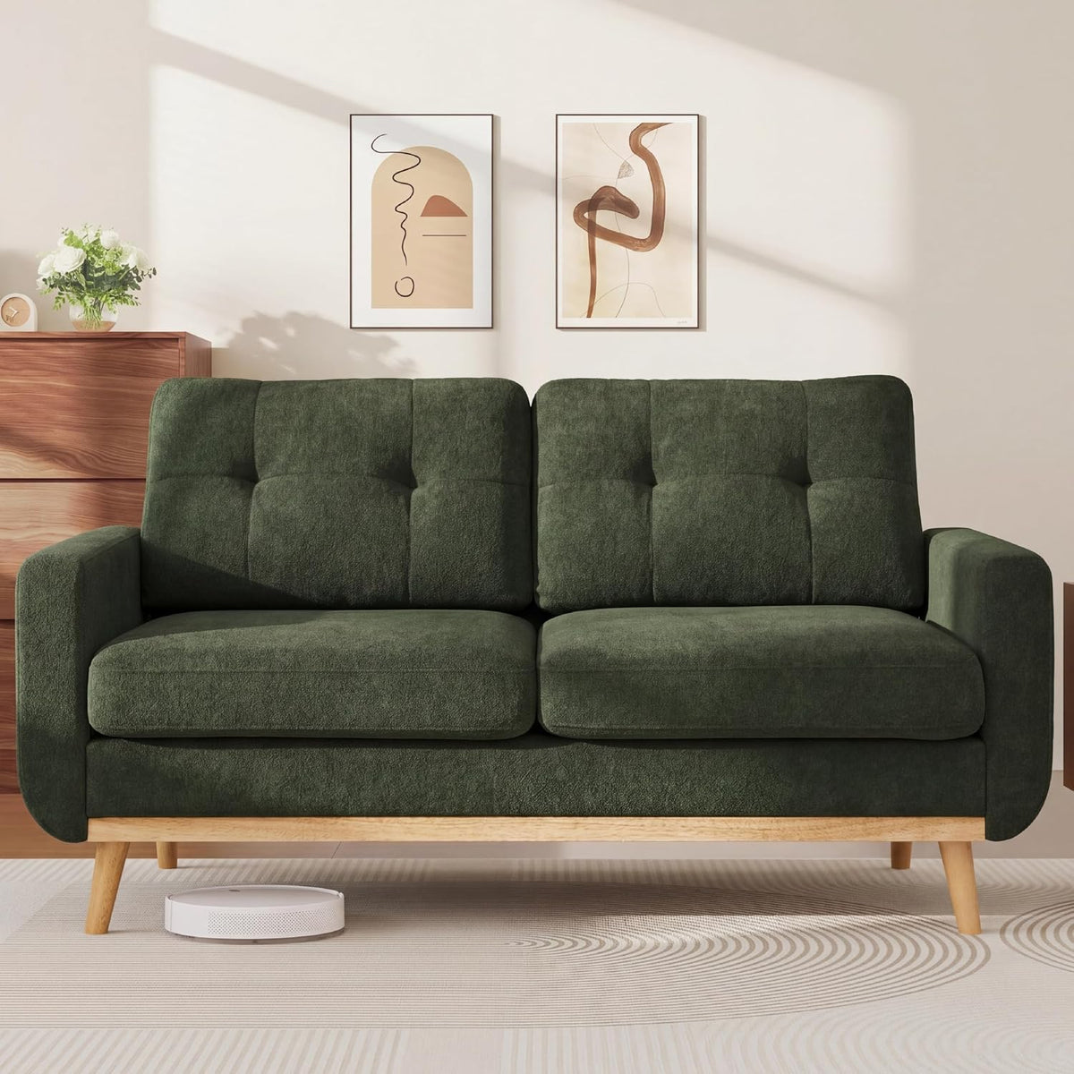 KEIKI 67.7" Tufted Loveseat Futon Sofa, Mid-Century Modern Cloud Couch Love Seat Sofas, Small Comfy Upholstered Deep Seating for Living Room Bedroom Office, Solid Wood Legs, Easy Assembly, Green