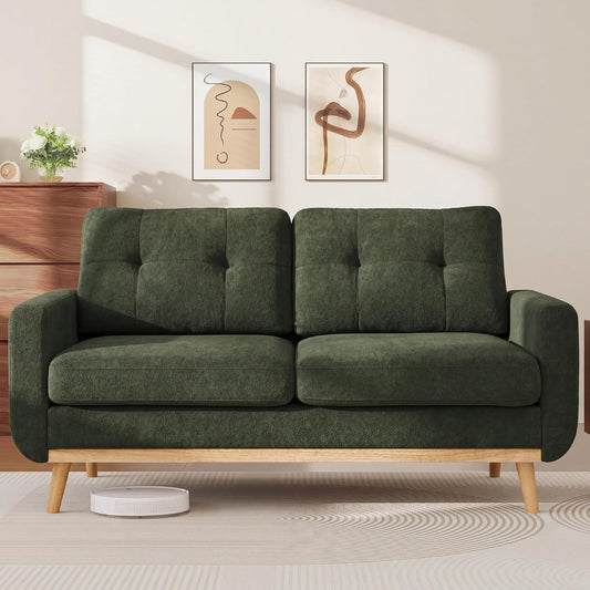 KEIKI 67.7" Tufted Loveseat Futon Sofa, Mid-Century Modern Cloud Couch Love Seat Sofas, Small Comfy Upholstered Deep Seating for Living Room Bedroom Office, Solid Wood Legs, Easy Assembly, Green