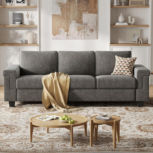 COPIAE 228CM Sofa Couches, 3 Seater Couch with Upholstered Back Cushions, Modern Deep Seat Sofa for Small Living Room, Bedroom, Office, Grey