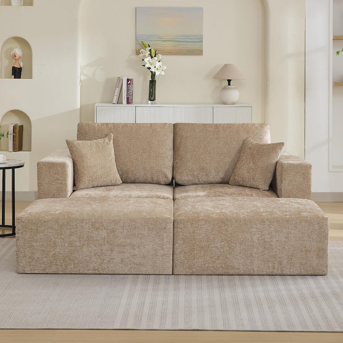 83'' Boneless Loveseat Sofa, Comfy Deep Seat Cloud Couch with 2 Moveable Ottoman, No Assembly Chenille Love Seat for Living Room, Camel