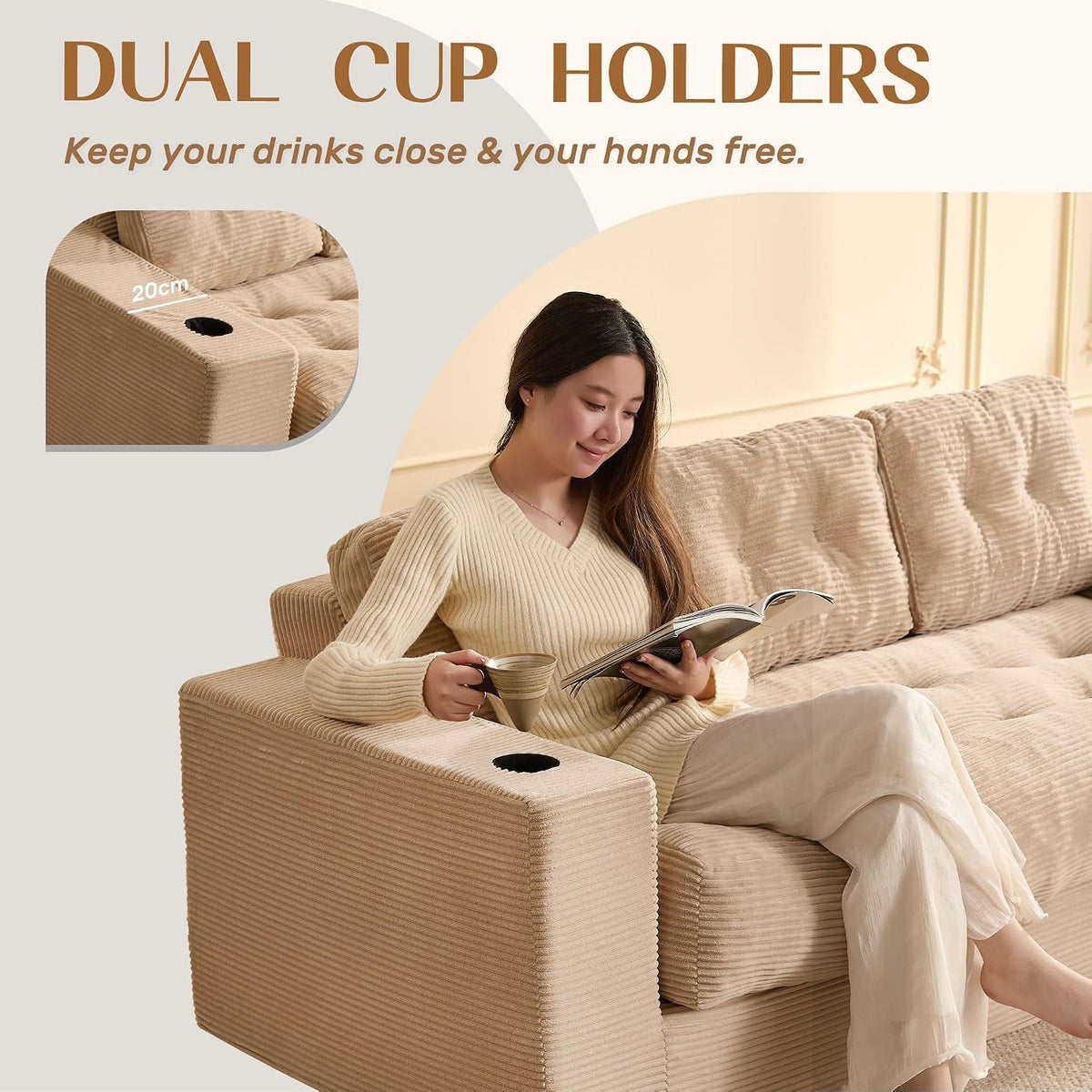 3 Seater Sofa,Space-Saving Boneless Sofa in a Box with Cushions & Cup Holders, Corduroy Floor Sofa with Backrest, No Assembly Required, for Small Spaces & Teens (Sand Beige, 190 CM)