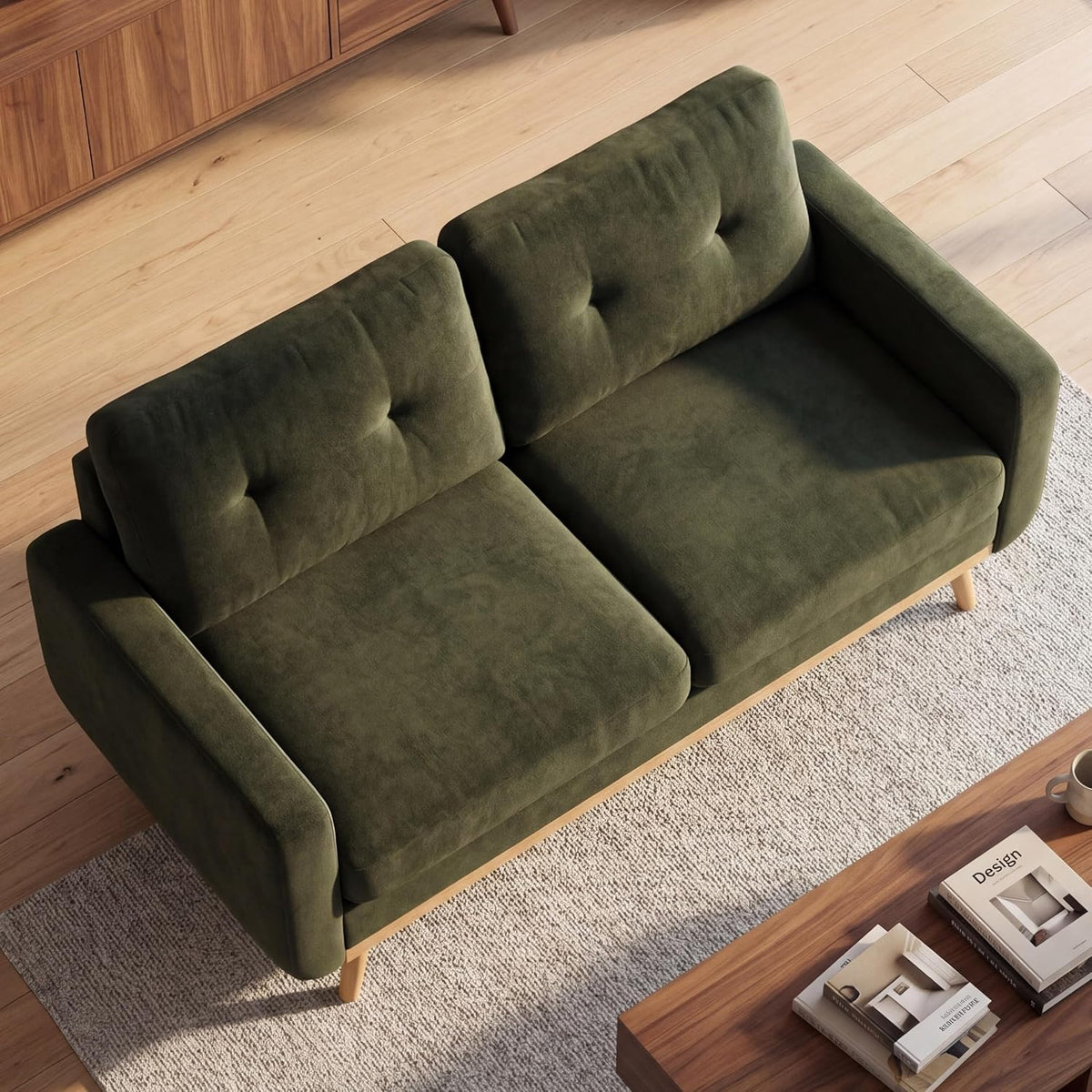 KEIKI 67.7" Tufted Loveseat Futon Sofa, Mid-Century Modern Cloud Couch Love Seat Sofas, Small Comfy Upholstered Deep Seating for Living Room Bedroom Office, Solid Wood Legs, Easy Assembly, Green
