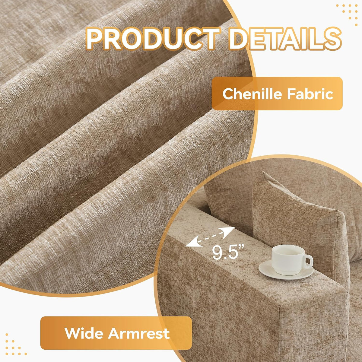 83'' Boneless Loveseat Sofa, Comfy Deep Seat Cloud Couch with 2 Moveable Ottoman, No Assembly Chenille Love Seat for Living Room, Camel